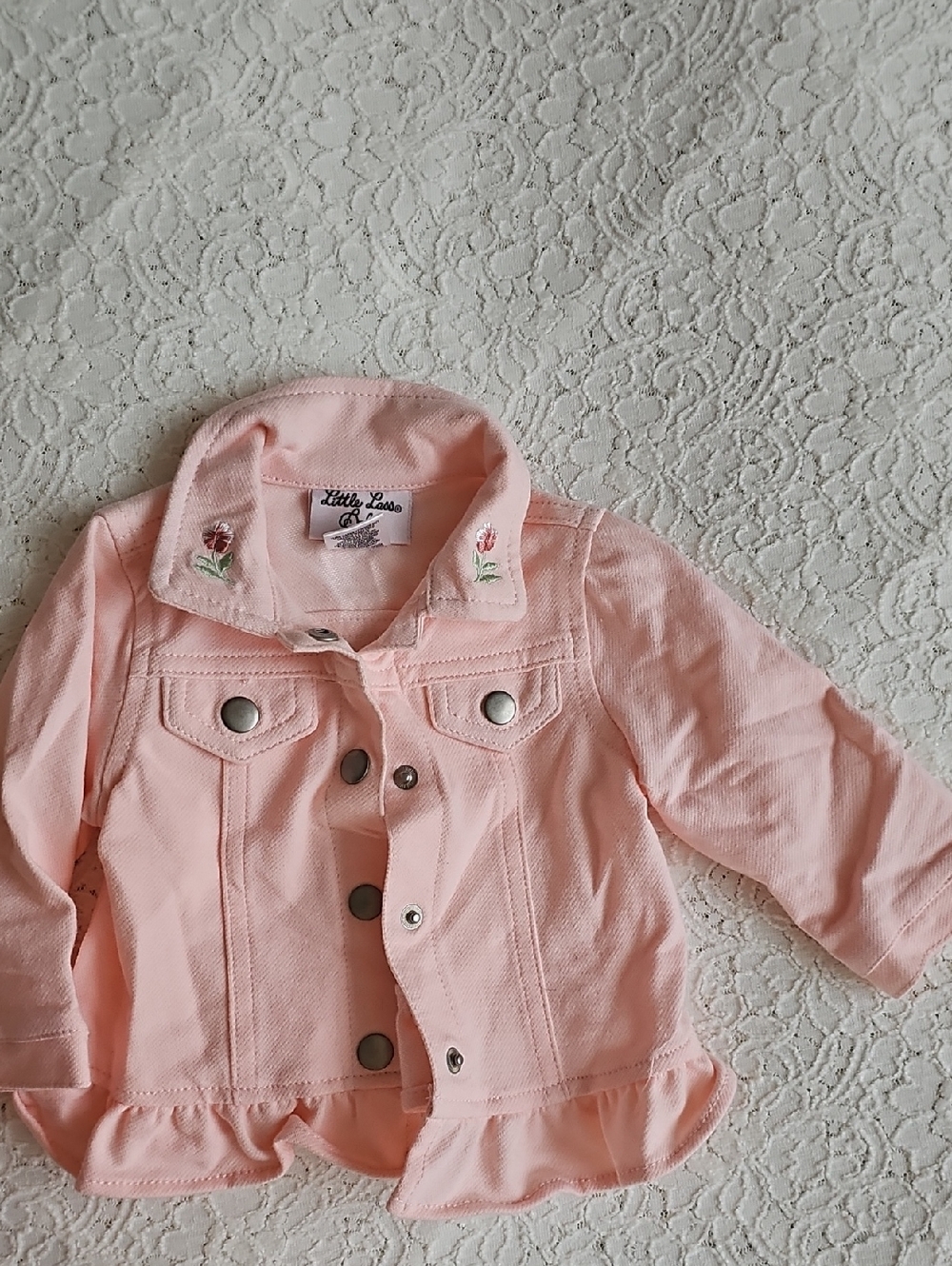 Little Lass Light Pink Ruffled Hem Girls' Jean Jacket with Embroidered Collar